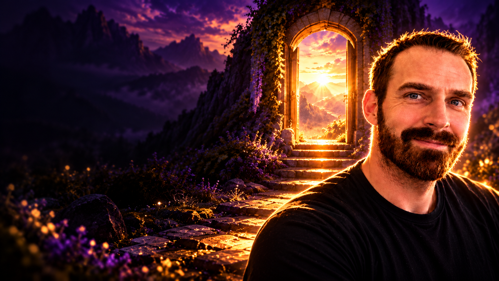 Illustrated likeness of Jamie beside a bright doorway in a violet landscape